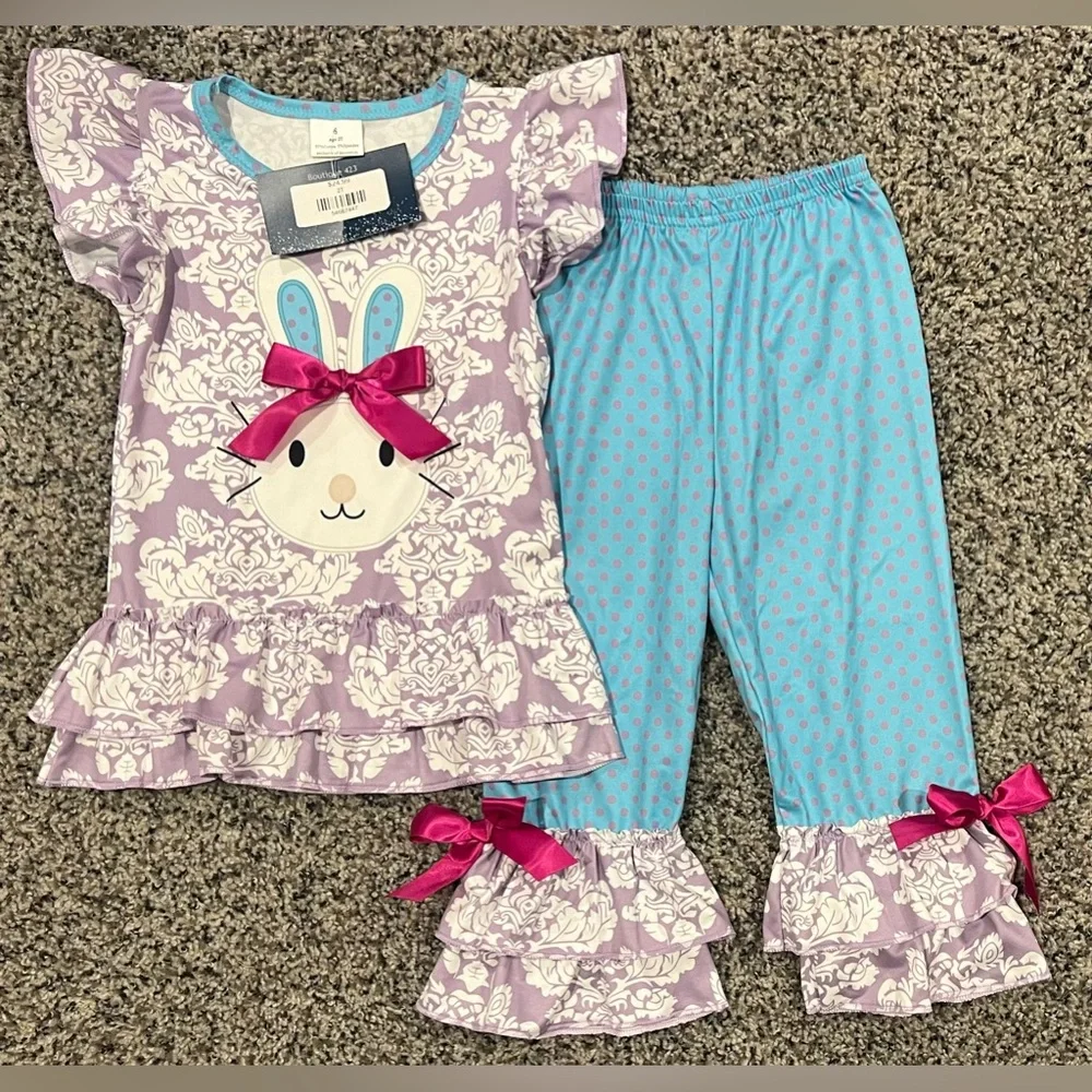 NEW  Bunny Ruffle Short Sleeve Top & Pants Matching Set, Bows, Easter, Size 2T